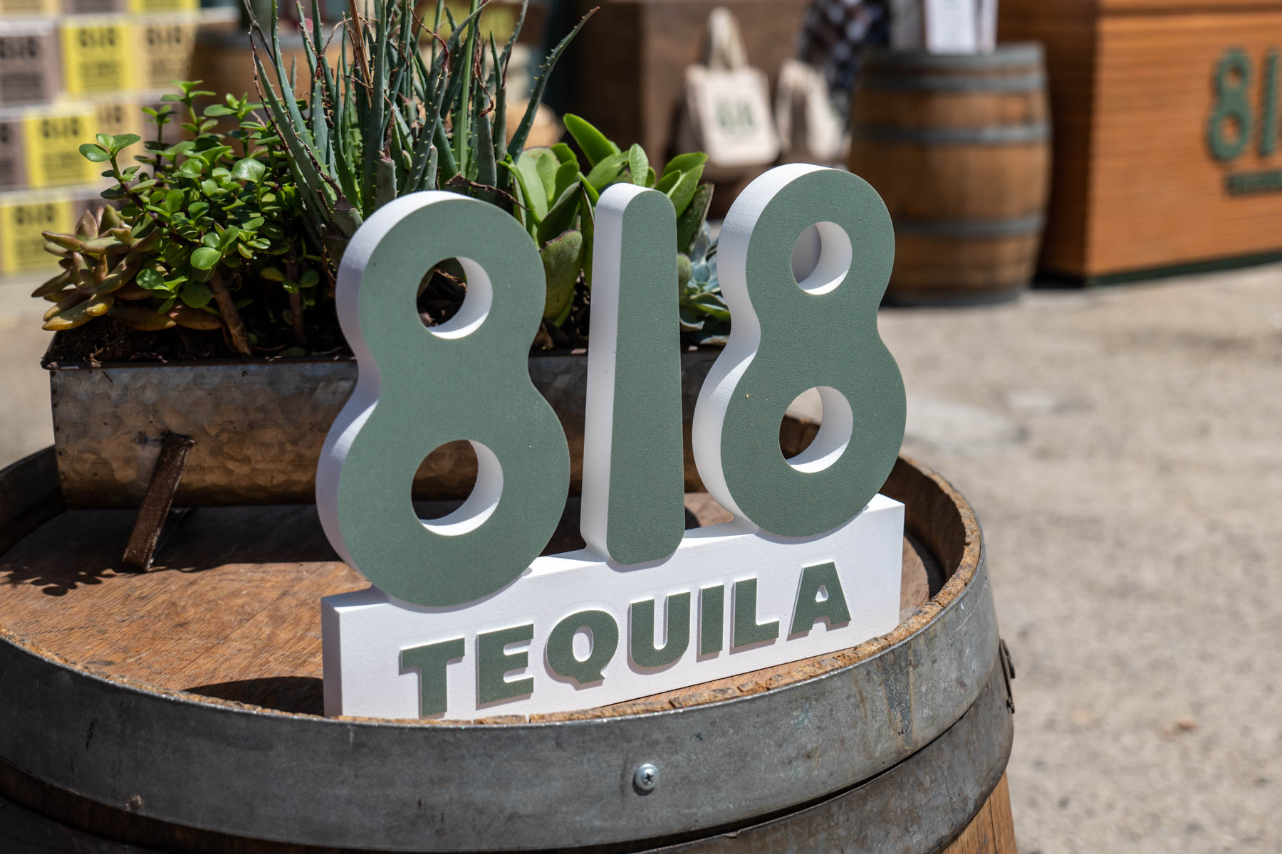 A close-up of a custom fabricated 818 Tequila logo cut-out.