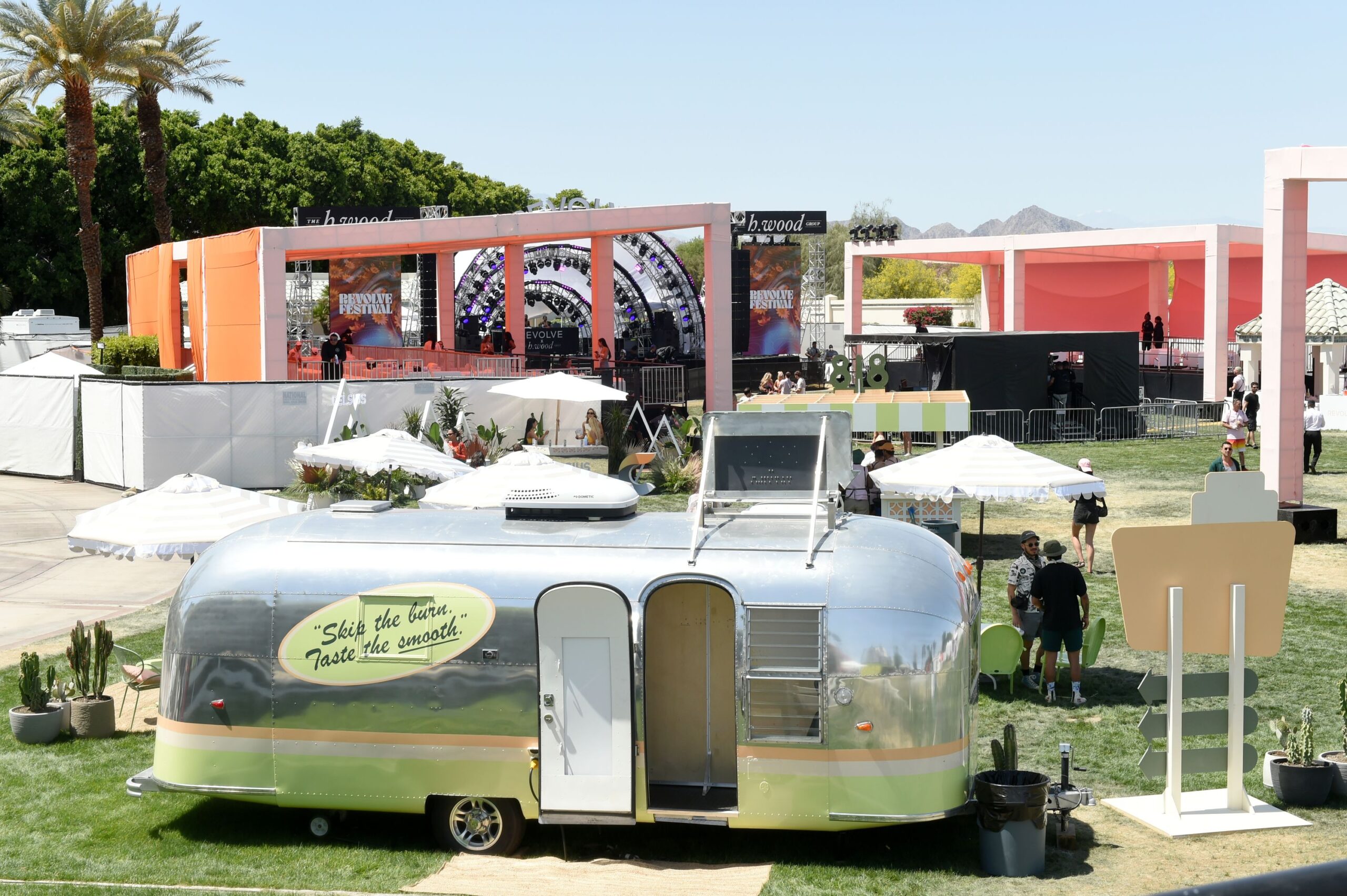 The back of the 818 Airstream with a view of the Revolve Festival stage.